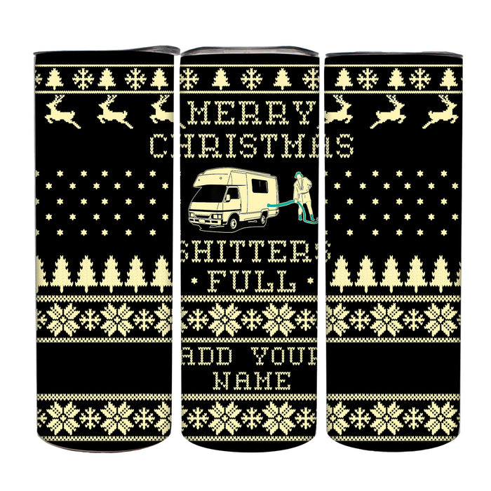 Three black tumblers with Christmas-themed designs on a white background