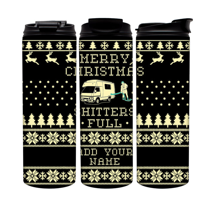 Three black tumblers with Christmas-themed designs on a white background