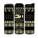 Three black tumblers with Christmas-themed designs on a white background