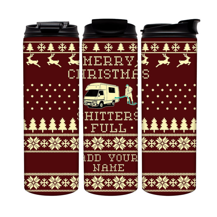 Three red and white patterned tumblers with Christmas designs on a white background.