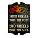 Decorative sign with a motorcycle graphic and text on a white background