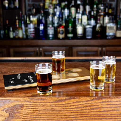 4 Numbered Beer Flight with Walnut Finish and Chalk Strip Includes 5.5oz Highball Glasses