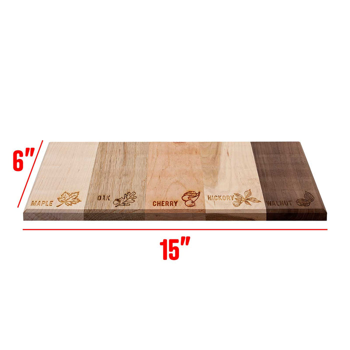 Wooden smoker board with different wood types and dimensions labeled on a white background