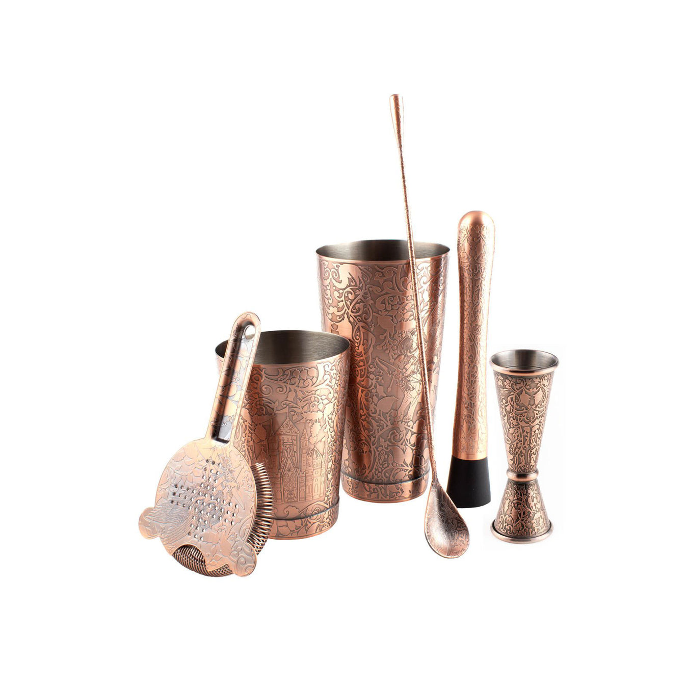 Set of copper bar tools including jigger, strainer, and measuring cup on a white background