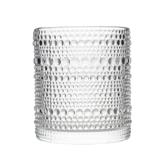 Clear glass with a textured pattern on a white background