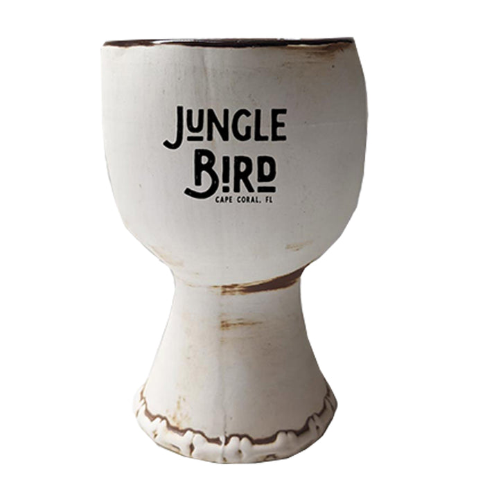 White ceramic cup with 'Jungle Bird' branding on a white background