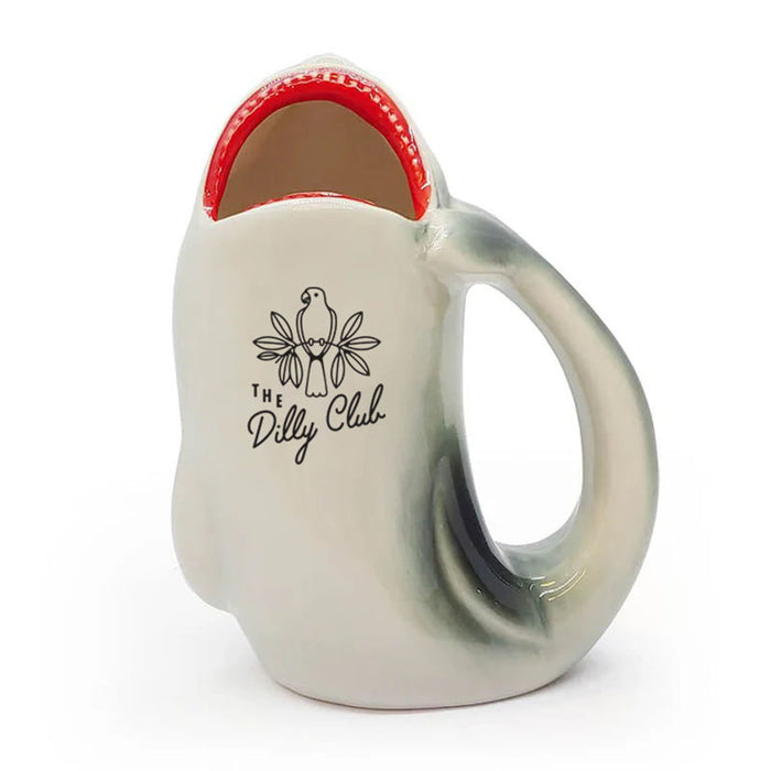 White mug with red interior and 'The Dilly Club' logo on a white background