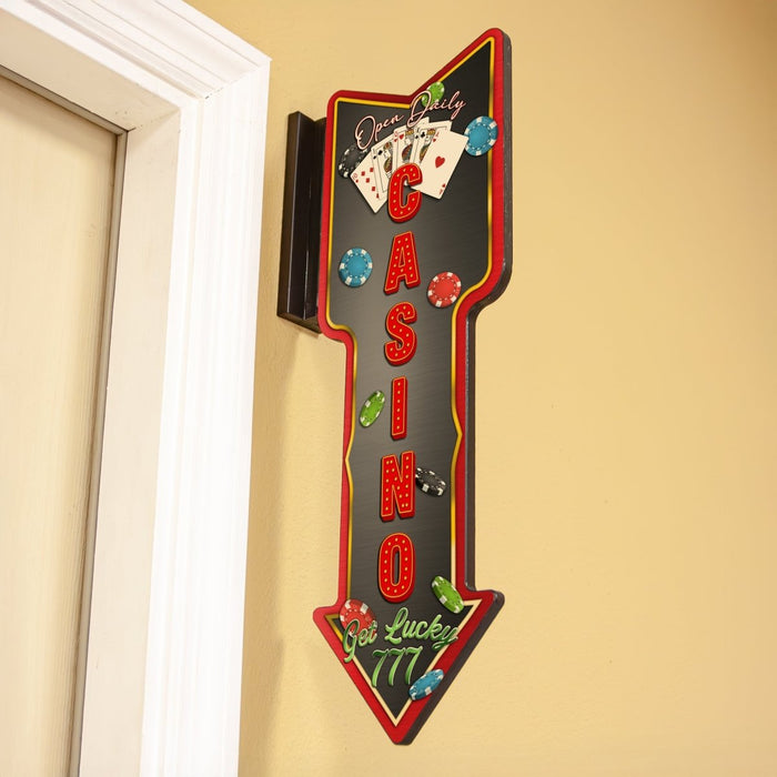 Vertical Hanging Wooden Arrow Sign Plaque Casino Theme Handcrafted in the USA hanging outside of door