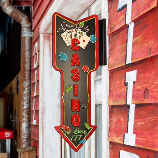 Vertical Hanging Wooden Arrow Sign Plaque Casino Theme Handcrafted in the USA Hanging outside of Door