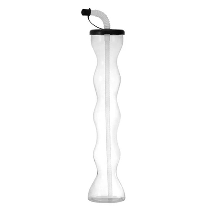 Clear wavy water bottle with black cap on a white background