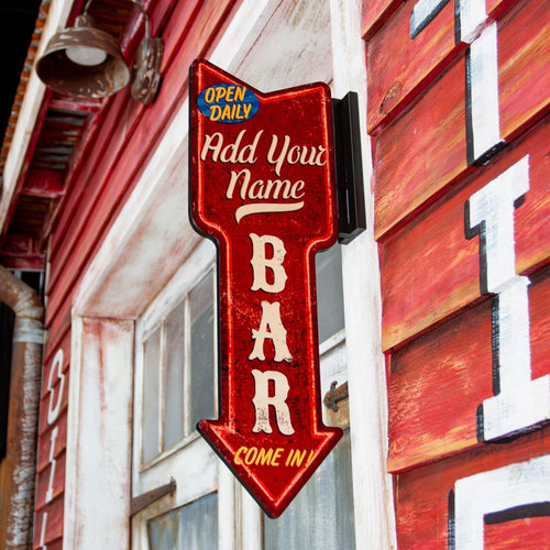 Customizable Vertical Hanging Wooden Arrow Sign Plaque Vintage Bar Theme Handcrafted in the USA hanging outside of door 