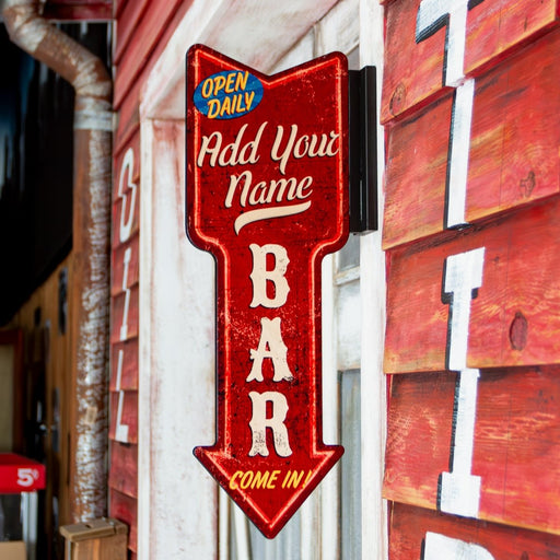 Customizable Vertical Hanging Wooden Arrow Sign Plaque Vintage Bar Theme Handcrafted in the USA hanging outside of door