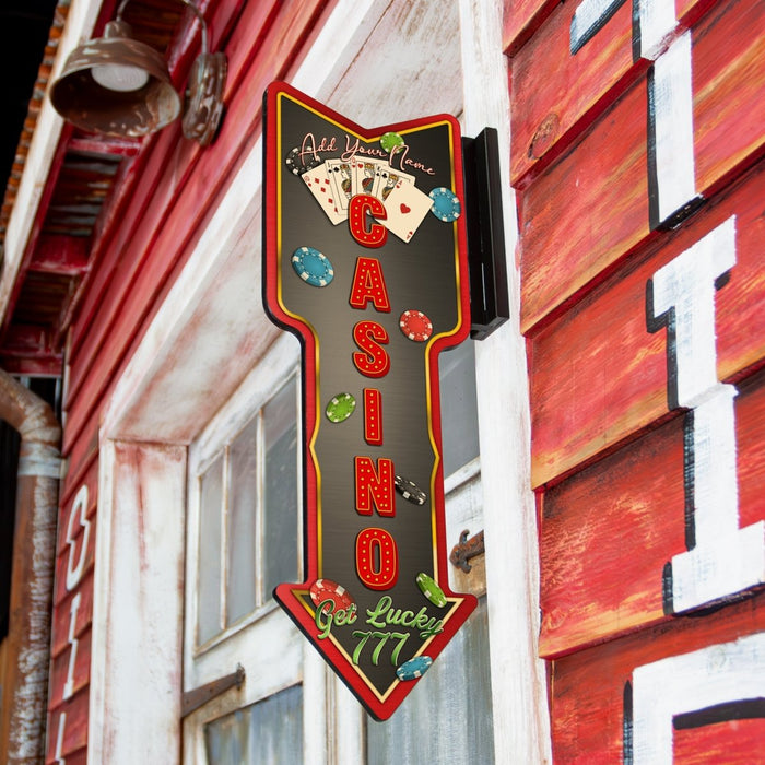 Customizable Vertical Hanging Wooden Arrow Sign Plaque Casino Theme Handcrafted in the USA hanging outside of door