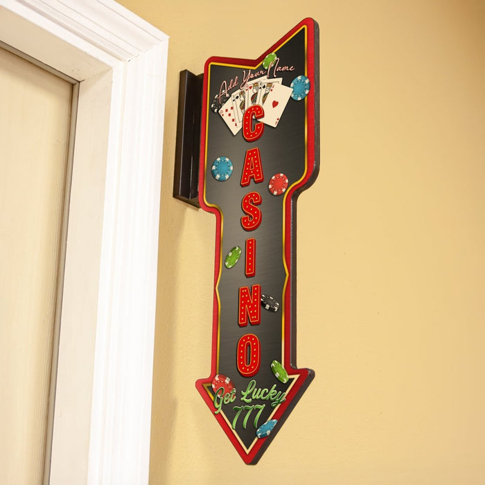 Customizable Vertical Hanging Wooden Arrow Sign Plaque Casino Theme Handcrafted in the USA hanging outside of door