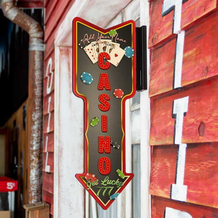 Customizable Vertical Hanging Wooden Arrow Sign Plaque Casino Theme Handcrafted in the USA hanging outside of door