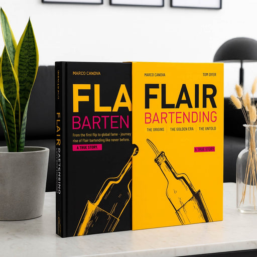 Book titled 'Flair Bartending' by Marco Canova on a surface with decorative elements.