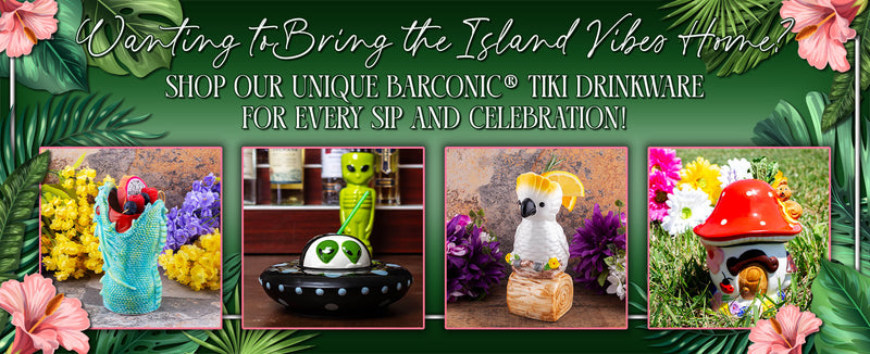 Promotional banner for Barconic tiki drinkware with colorful tiki mugs and accessories on a tropical-themed background.