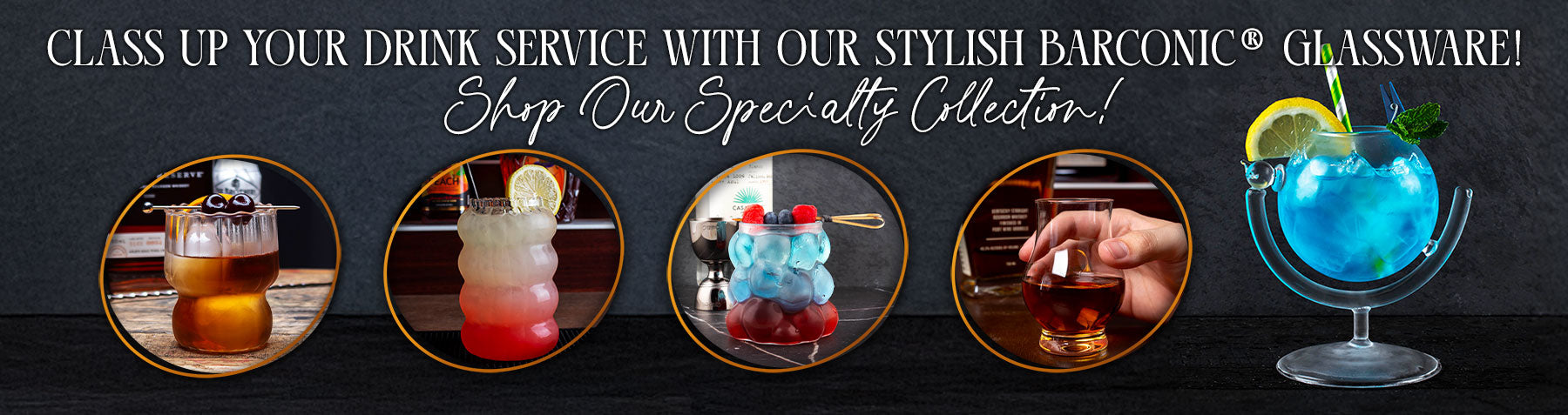 Advertisement for Barconic glassware with various cocktail images and text.