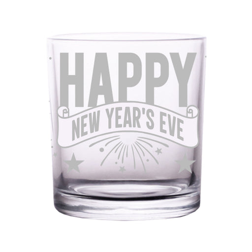 Clear glass with 'Happy New Year's Eve' text on a white background
