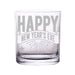 Clear glass with 'Happy New Year's Eve' text on a white background