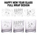 Three glass tumblers with New Year's Eve designs on a white background