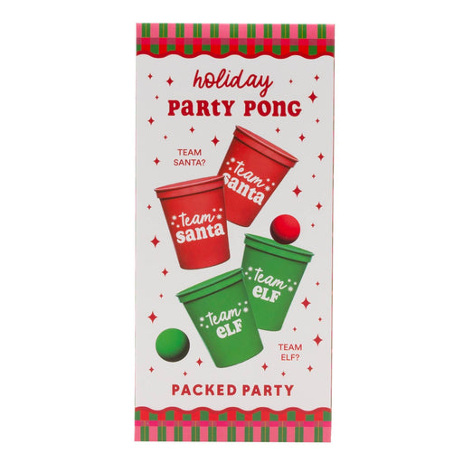 Packaged holiday party game with red and green cups labeled 'Team Santa' and 'Team Elf'.