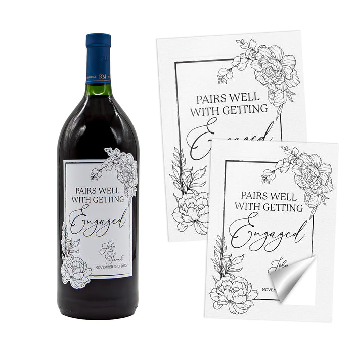 Wine bottle with 'Pairs Well with Getting Engaged' label on a white background