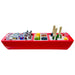 Red boat-shaped cooler with drinks and snacks on a white background