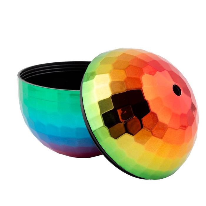 Multicolored disco ball with a black center on a white background