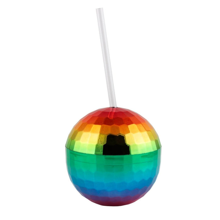 Multicolored disco ball with a straw on a white background