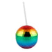 Multicolored disco ball with a straw on a white background