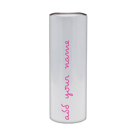 White cylindrical container with pink text on a white background