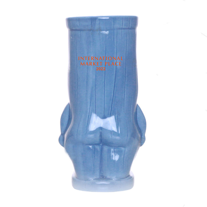 Blue ceramic boot with 'International Market Place' text on a white background