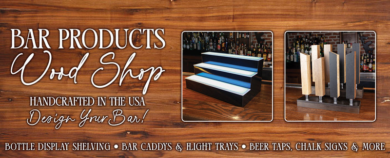 Advertisement for Bar Products Wood Shop with images of bar accessories on a wooden background.