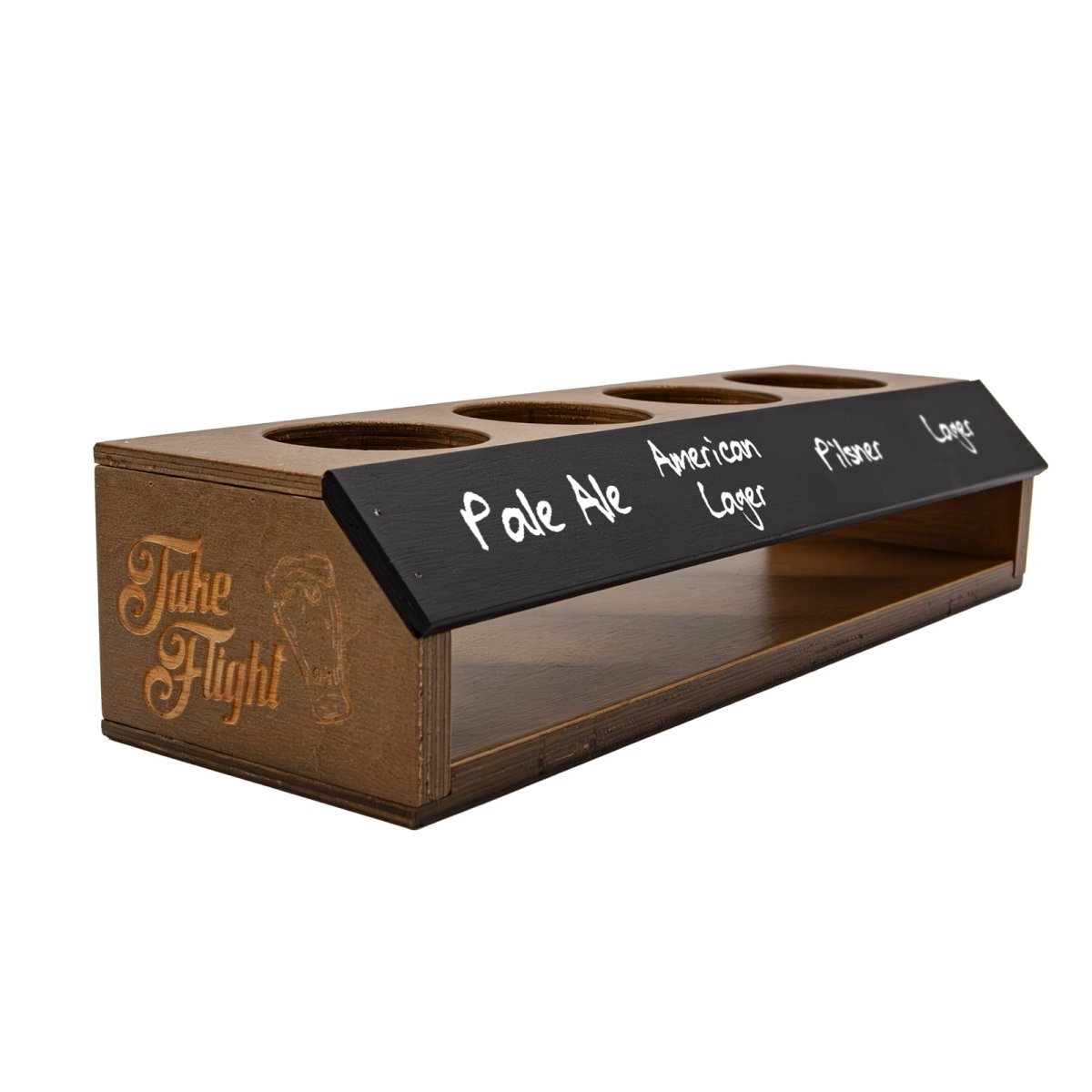 Beer Flight Tray With Angled Chalkboard with stain option with engraved design on the side 