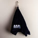 Black towel with 'BAR PRODUCTS' logo hanging on a hook against a plain background