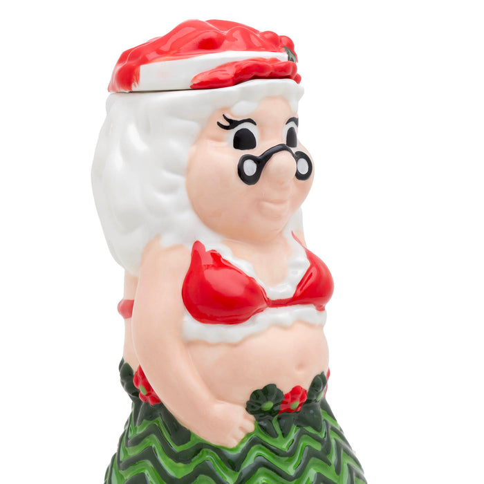 Sculpture of ms. claus with a red bikini and green skirt on a white background