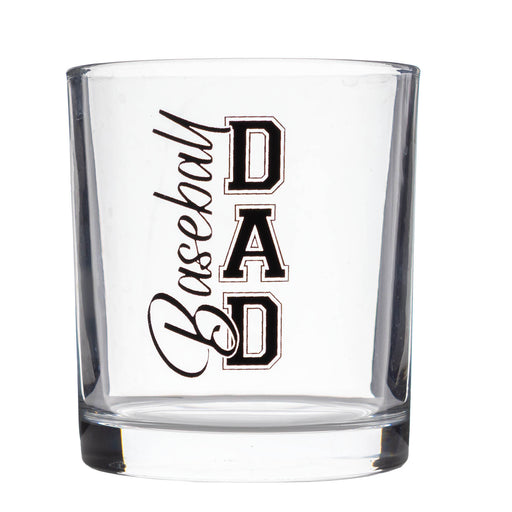 A clear glass tumbler with a thick base, featuring the words 'Baseball DAD' printed on the front in black and white.