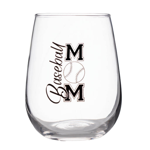 A clear stemless wine glass with a black and white graphic that reads 'Baseball Mom' featuring two large 'M' letters and a baseball in the center, shown on a plain white background.