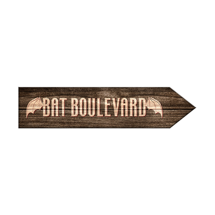 Wooden arrow sign with 'Bat Boulevard' text on a white background