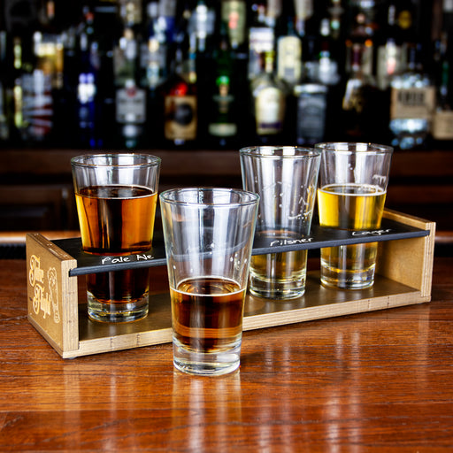 Beer Flight Tray With Chalkboard Top  Walnut Stain holds 4 Flared Glasses