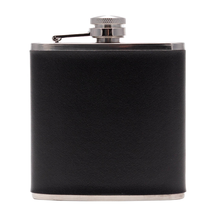 Black leather flask with silver cap on a white background
