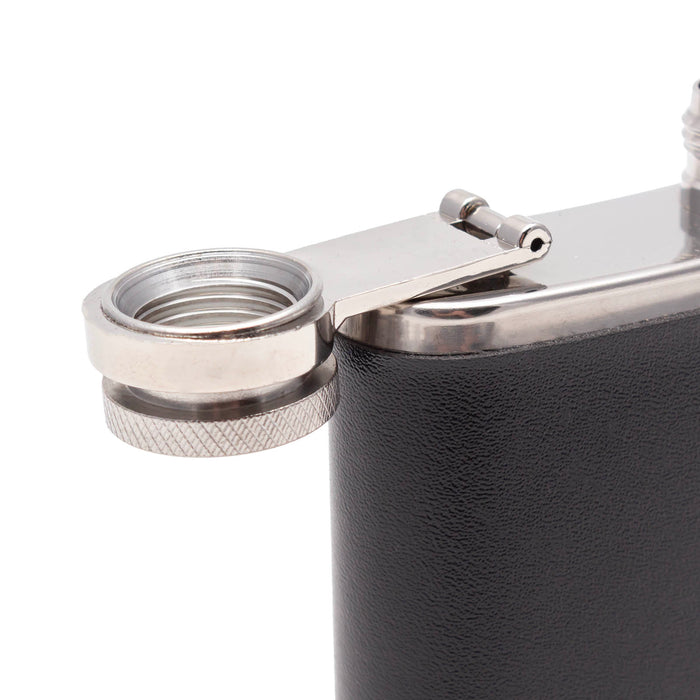 Black leather flask with silver cap on a white background