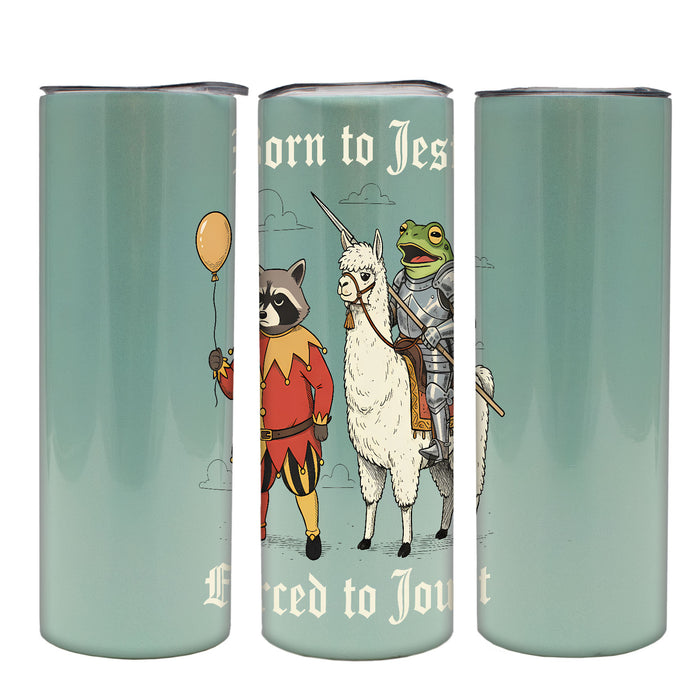 Three cylindrical tumbler designs with illustrated characters on a light green background.