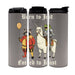 Three travel mugs with illustrated characters and text on a gray background