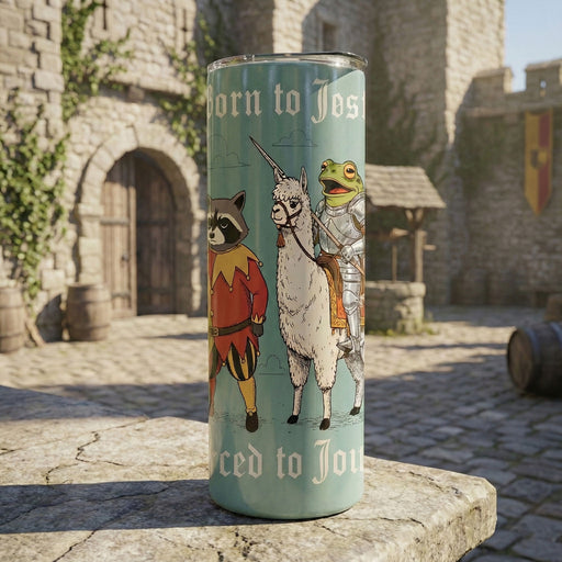 Tumbler with animal characters and text in a medieval setting