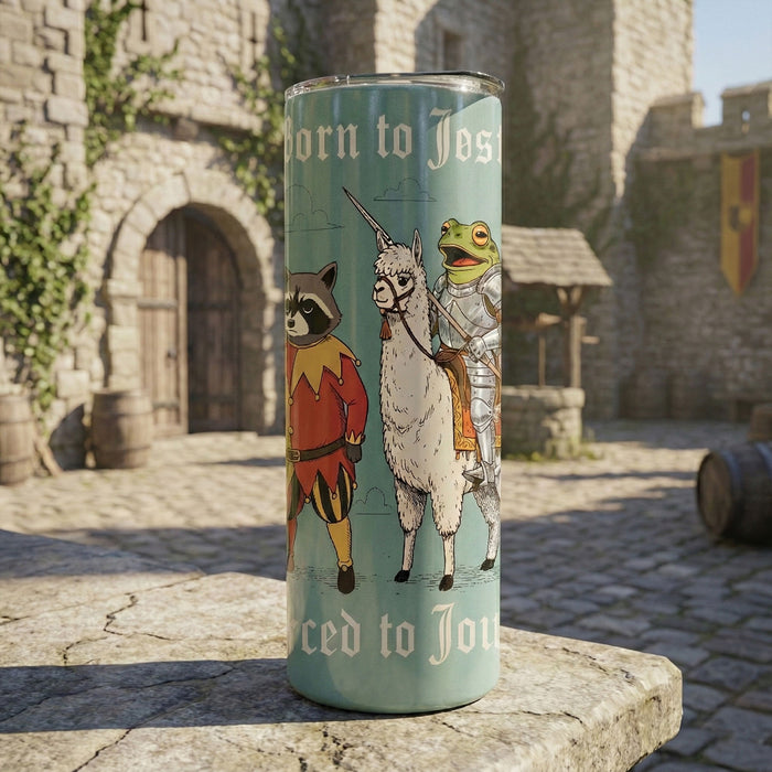 Tumbler with animal characters and text in a medieval setting