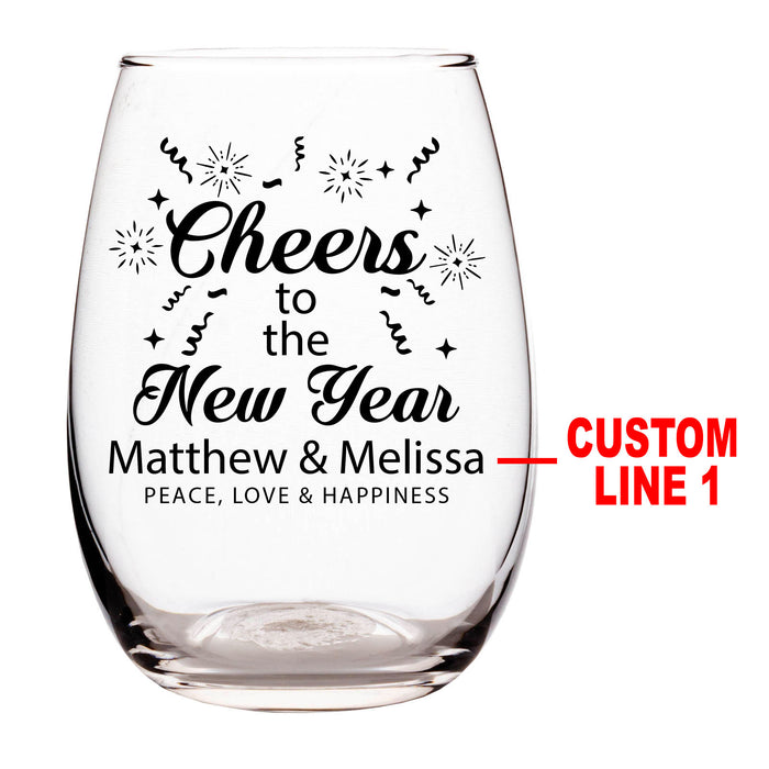 Clear wine glass with 'Cheers to the New Year' text and customizable names on a white background