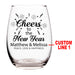 Clear wine glass with 'Cheers to the New Year' text and customizable names on a white background