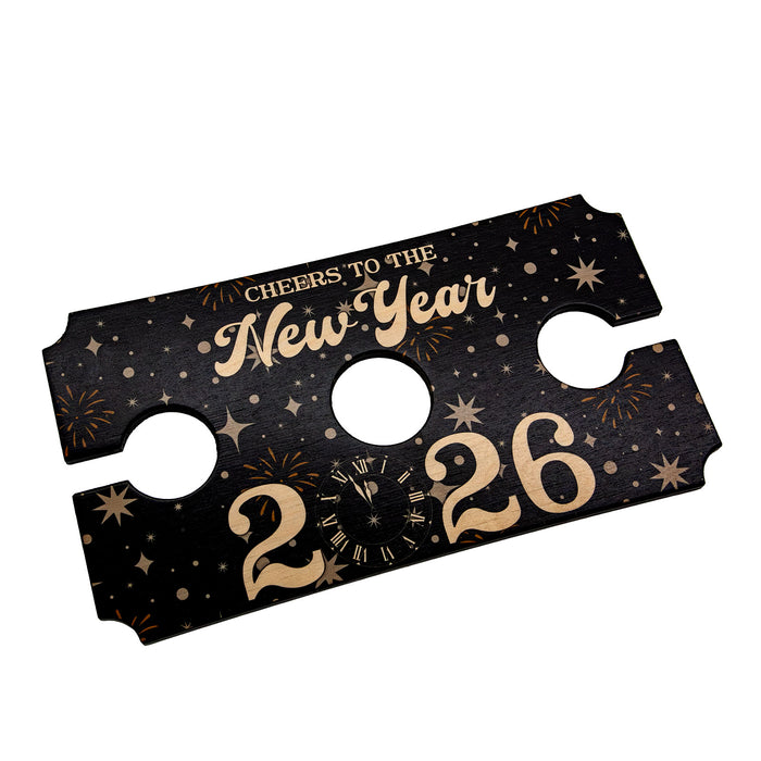 New Year's eve wine glass caddy with 'Cheers to the New Year 2026' text on a black background